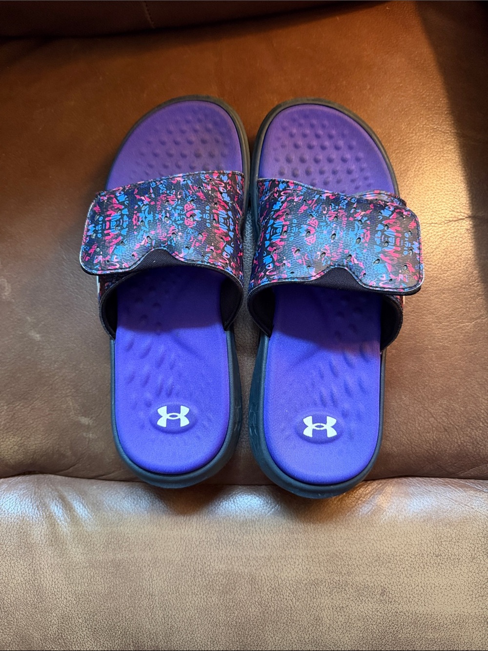 Under Armour Purple Slides with Pink and Blue Patterned Strap - Picture 1 of 5